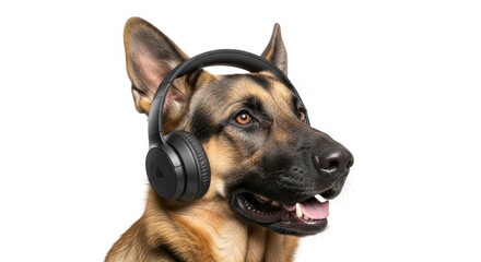 Obraz premium dog wearing headphones, listening to music, on a solid white background