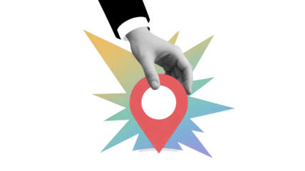 Hand holding a location pin colorful burst background vector illustration for maps and navigation ap