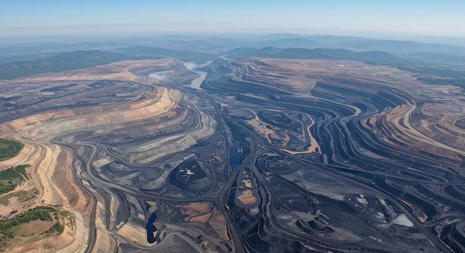 A dramatic landscape of a surface mining operation with black coal terraces, muddy water channels, and distant mountains under a cloudy sky