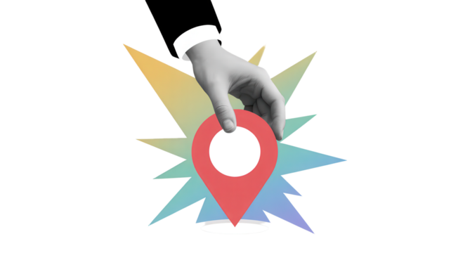 Hand holding a location pin colorful burst background vector illustration for maps and navigation ap