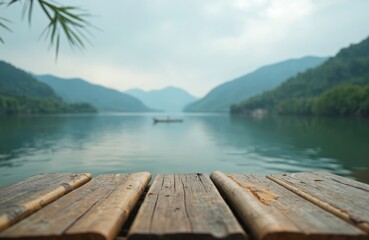 Obraz premium Empty bamboo table foreground overlooking serene lake with misty mountains background. Wooden planks offer rustic display space for products, promotions, advertising. Tranquil nature scene with calm