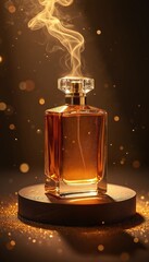 Luxurious perfume bottle filled with golden liquid, emanating aromatic smoke. Crystal cap, golden dust particles create sophisticated, upscale aesthetic. Premium fragrance offers mysterious, enticing