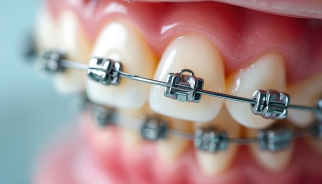 Close-up view of teeth with metal braces and brackets in soft light. Orthodontic treatment corrects alignment. Dental care concept focused on healthy smile, oral hygiene, and perfect teeth.