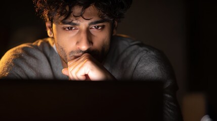 focused young indian ethnic business man student or web designer working on laptop computer late at night at home or in dark office thinking watching webinar learning online course sitting at desk no