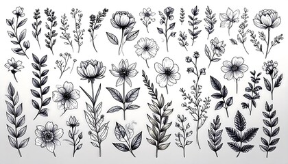 Collection of Hand-Drawn Monochrome Floral Elements: Flowers, Leaves, and Branches