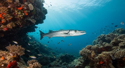 Obraz premium Barracuda cruising through a vibrant coral reef with sunlit waters