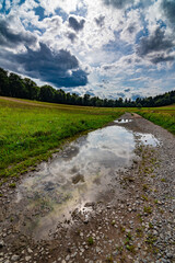 A wet path with a puddle reflecting the blue sky and clouds