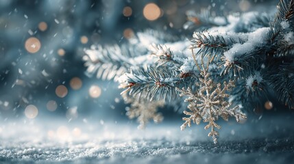 a snowcovered fir branch with snowflake ornaments and soft bokeh lights creates a magical winter scene evoking the festive spirit of christmas