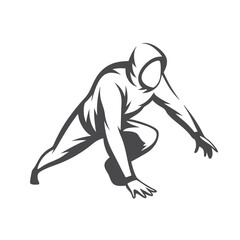 Silhouette illustration features a hooded figure crouching low, poised and alert, ready for action