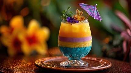 a beautifully styled mango drink with colorful cocktail layers served in a tiki glass with a festive umbrella