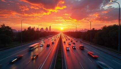 Vibrant sunset paints the sky in colorful hues over a busy highway filled with cars. The urban landscape rushes by with motion blur, creating a dynamic scene of evening commute and city travel.