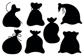 Black silhouettes, shadows of new year bags. Set of simple full Santa Claus gift sacks. Christmas gift bags.