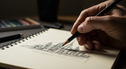 Architectural Drawing, A Hand Sketching a Cityscape in a Notebook