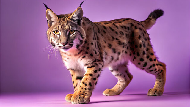 A majestic bobcat with distinctive spotted fur and tufted ears stands alert on a purple surface isolated on transparent background