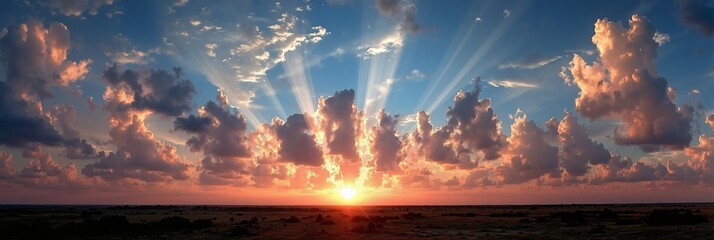 A sunset in the middle of a desert with clouds in the sky
