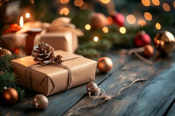 Rustic christmas gifts decorating wooden table with festive lights