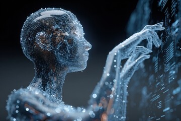 Futuristic ai robot interacting with digital data streams and circuits