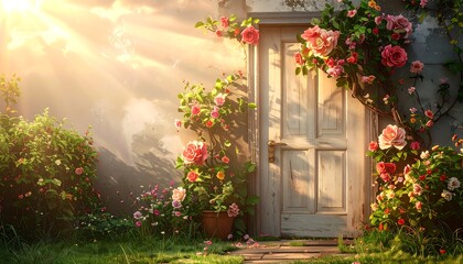 Rustic garden door bathed in sunlight