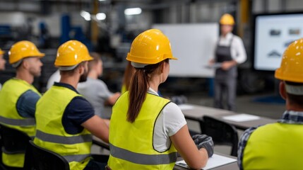 Engineers attending a meeting in a factory
