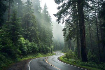 Winding wet road through a misty, dense evergreen forest with tall trees