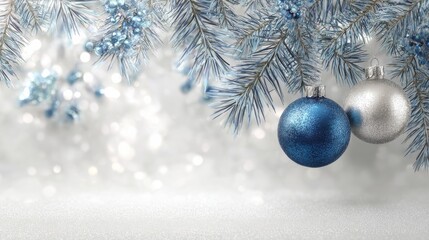 elegant blue and silver christmas ornaments with pine branches create a festive holiday frame for festive greetings and winter celebrations