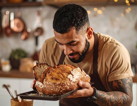 Man smelling fresh bread