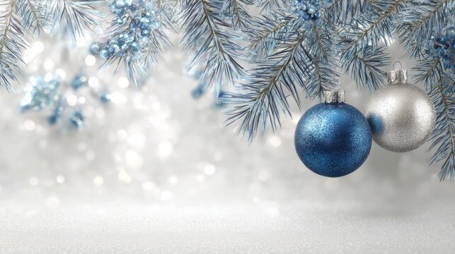 elegant blue and silver christmas ornaments with pine branches create a festive holiday frame for festive greetings and winter celebrations - Powered by Adobe