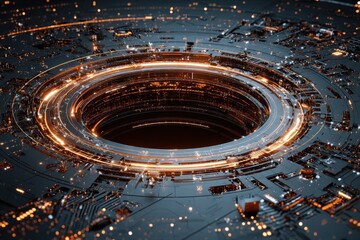 Abstract futuristic circular structure with glowing lights and complex details