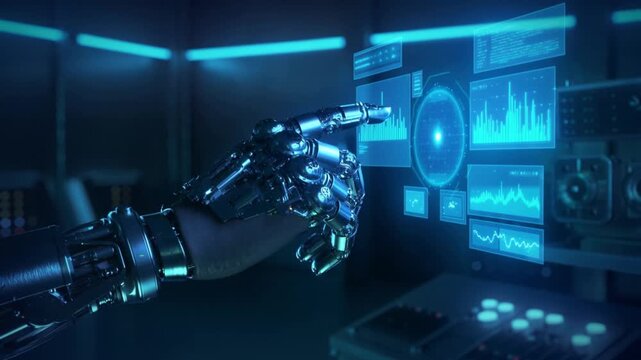  Mano rob&oacute;tica hiperrealista interactuando con una interfaz digital flotante.