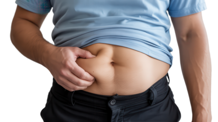 Overweight man pinching his belly fat demonstrating weight gain isolated on white