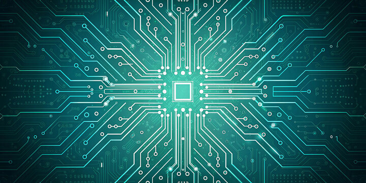 Abstract technological background of a digital circuit board with a central glowing processor and interconnected pathways symbolizing data flow and complex systems