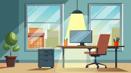 Modern office interior with sleek furniture and bright natural light from large windows flat 2d animation