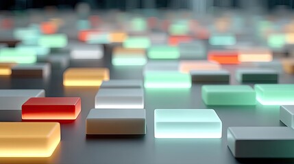 Abstract Array of Glowing Rectangular Tiles in Red White Green and Orange Hues on Dark Background