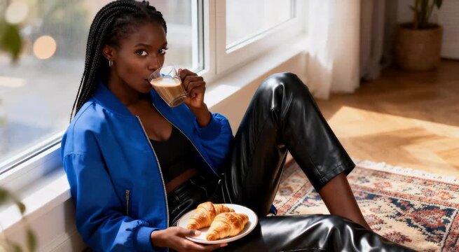 Mujer joven  sentada sobre una alfombra