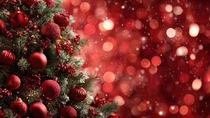 decorated christmas tree with red baubles and glowing bokeh lights on a red background for festive holiday greeting and winter celebration themes