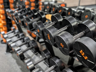 Photo of a modern gym interior with fitness machines, weight training equipment, and dumbbells. Perfect for fitness, health, bodybuilding, and active lifestyle concepts.