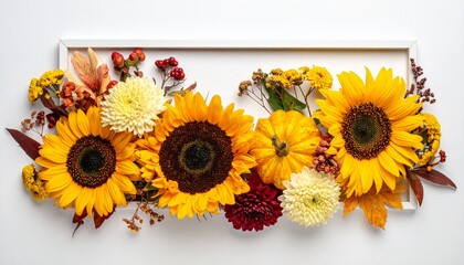 Obraz premium Autumn floral arrangements (sunflowers, chrysanthemums, dried flowers). 