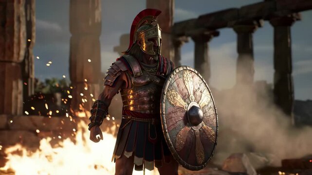 Ancient Greek Warrior in Bronze Armor Standing in Powerful Attack Pose on Fiery Battlefield with Glowing Embers and Flames Illuminating Ruins