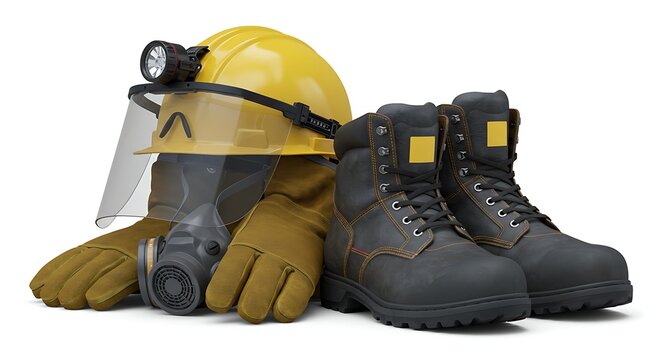 Complete personal protective equipment set for construction workers showing safety helmets, gloves, boots, and mask