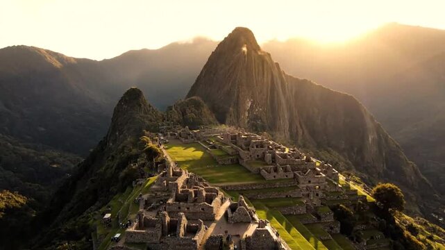 Majestic aerial view of machu picchu, the ancient inca citadel nestled high in the andes mountains, illuminated by the golden rays of the rising sun, peru