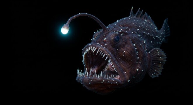 Detailed close-up of an anglerfish showcasing its bioluminescent lure and sharp teeth in dark underwater environment