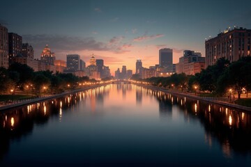 Naklejka premium A view of a city skyline at dusk from across a river