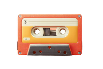 Obraz premium Orange and yellow vintage audio cassette tape with metallic accents, cut out