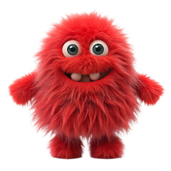 Fototapeta premium Fluffy red creature with big blue eyes and wide toothy smile on black background monster character