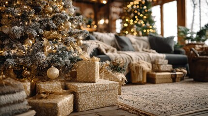 Obraz premium presents under the decorative christmas tree wallpaper background