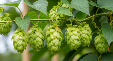 Beautiful Close-Up of Fresh Green Hops Growing on a Vine in a Garden
