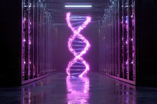 Glowing purple dna helix in a futuristic neon illuminated corridor