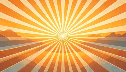 Sunburst Sunrise Over Mountains: Vintage Retro Art Design