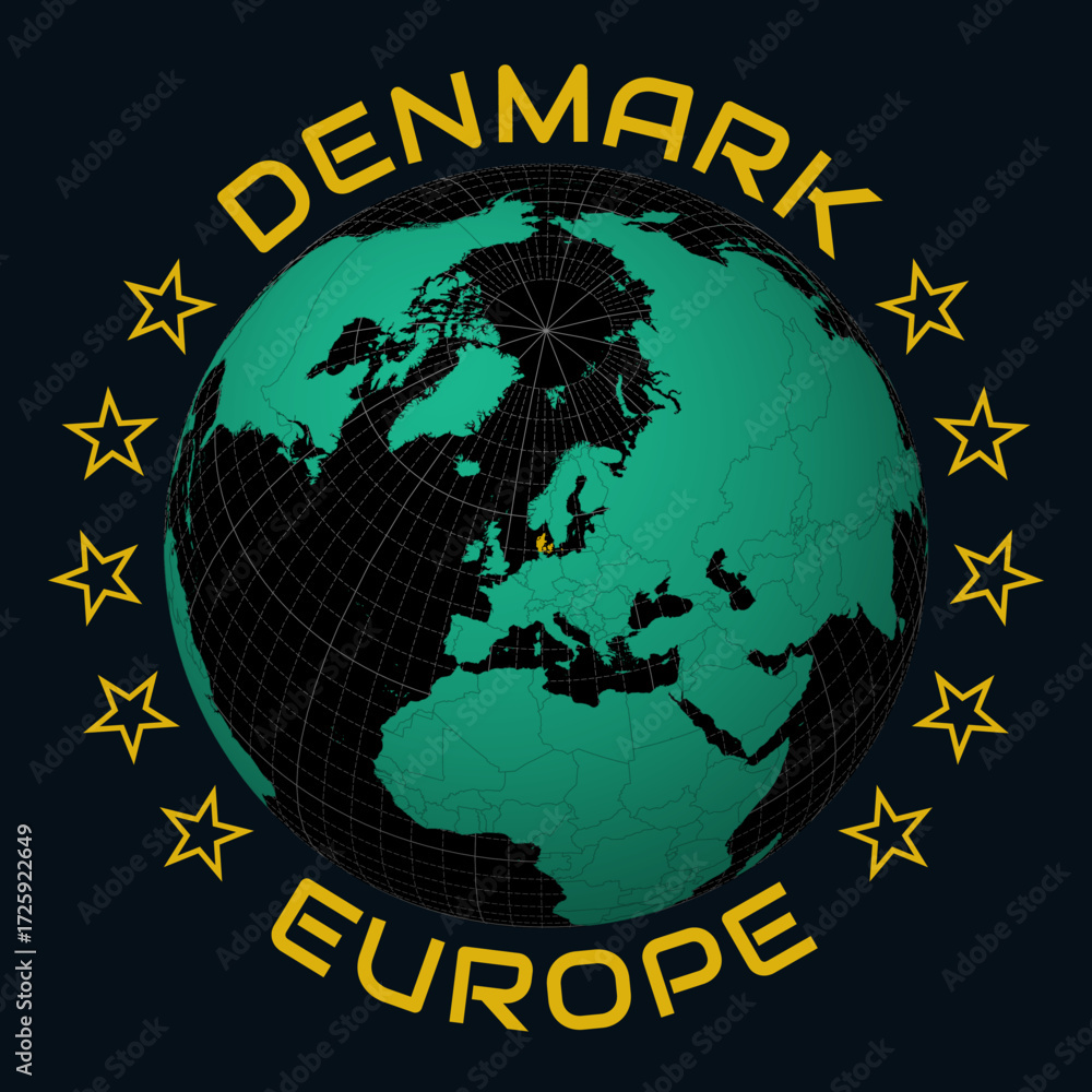 Poster Denmark on Globe. Round country and continent name text. Country view on world map in Black Emerald color palette. Denmark shape on map. Trending vector illustration.