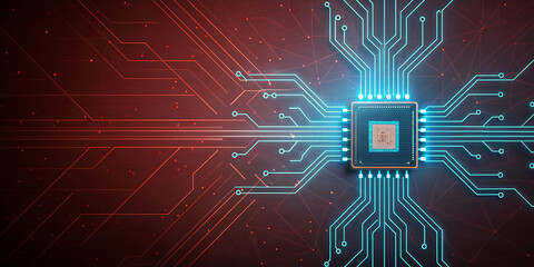 Advanced microprocessor glowing on a complex circuit board, a central concept symbolizing intricate digital operations, high-speed data processing, and future technology development
